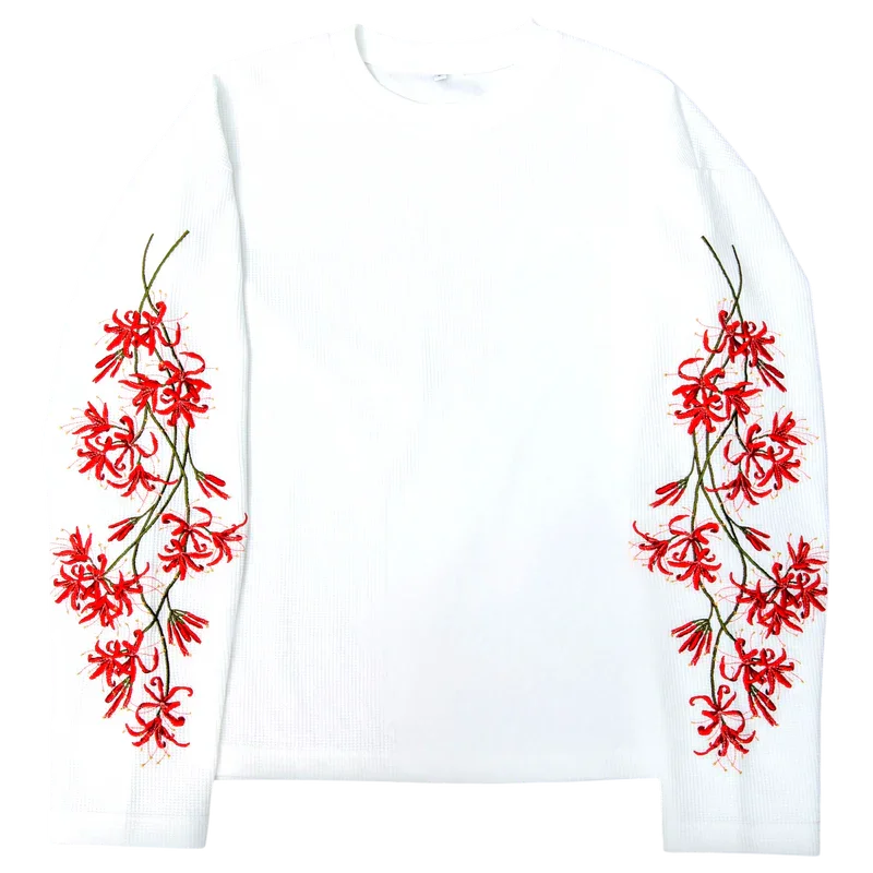 Y2K Streetwear Trend Higan Flower Embroidered Long Sleeved Hip Hop Retro Harajuku Waffle T Shirt Couple Punk Loose Sweatshirt