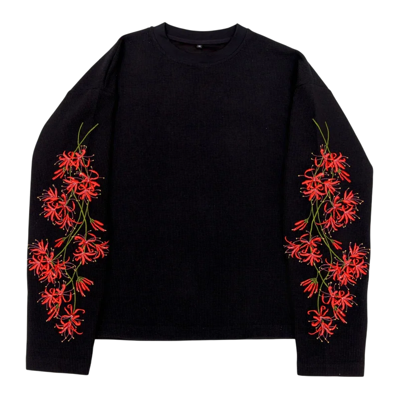Y2K Streetwear Trend Higan Flower Embroidered Long Sleeved Hip Hop Retro Harajuku Waffle T Shirt Couple Punk Loose Sweatshirt