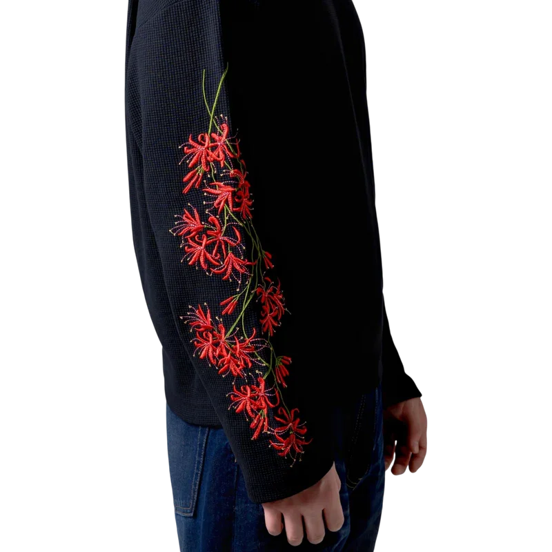 Y2K Streetwear Trend Higan Flower Embroidered Long Sleeved Hip Hop Retro Harajuku Waffle T Shirt Couple Punk Loose Sweatshirt