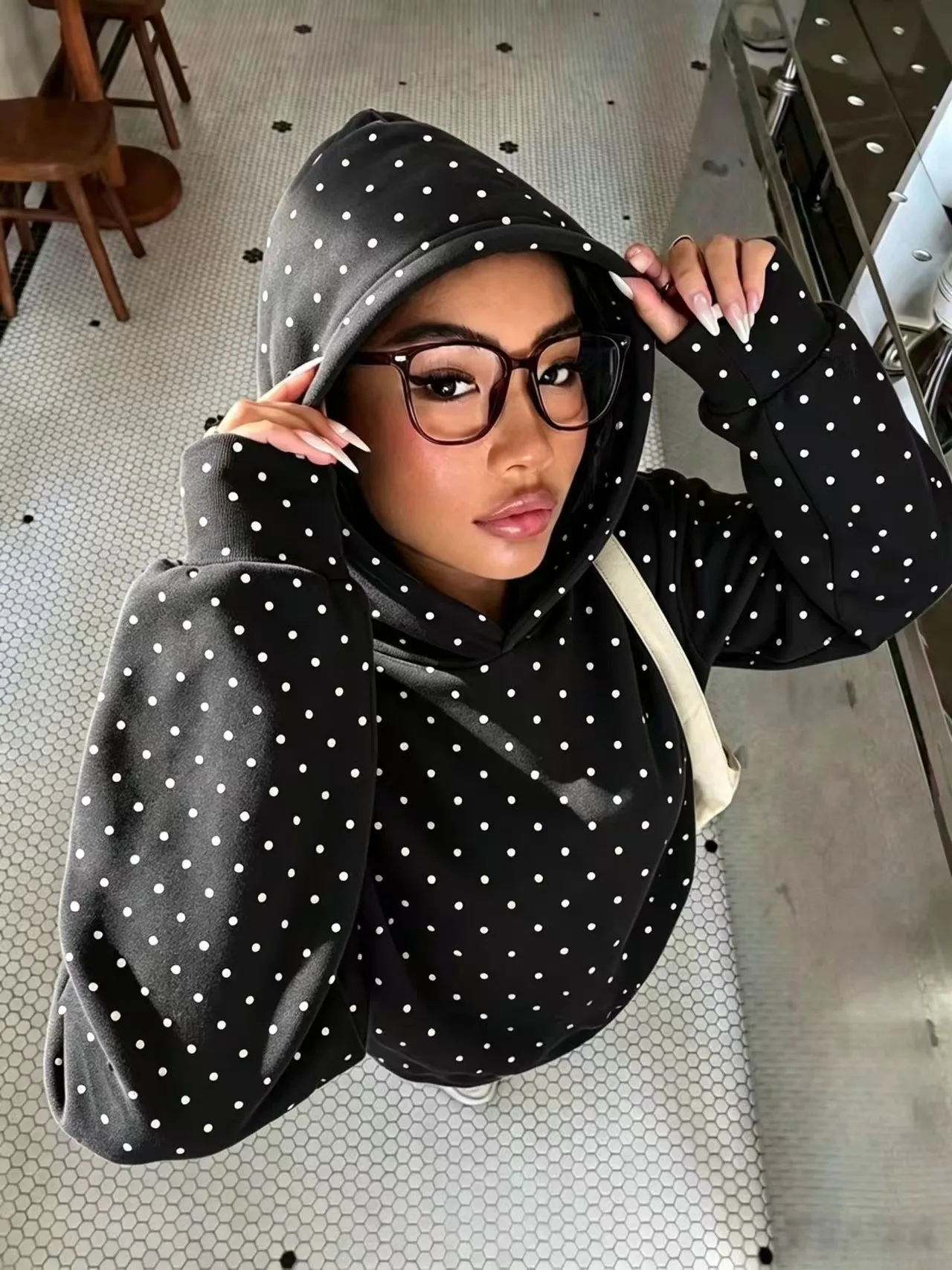 Hooded Loose Fit Hoodie Casual with Polka Dot Regular Sleeve Autumn Women Sweatshirts European and American Style Regular Length