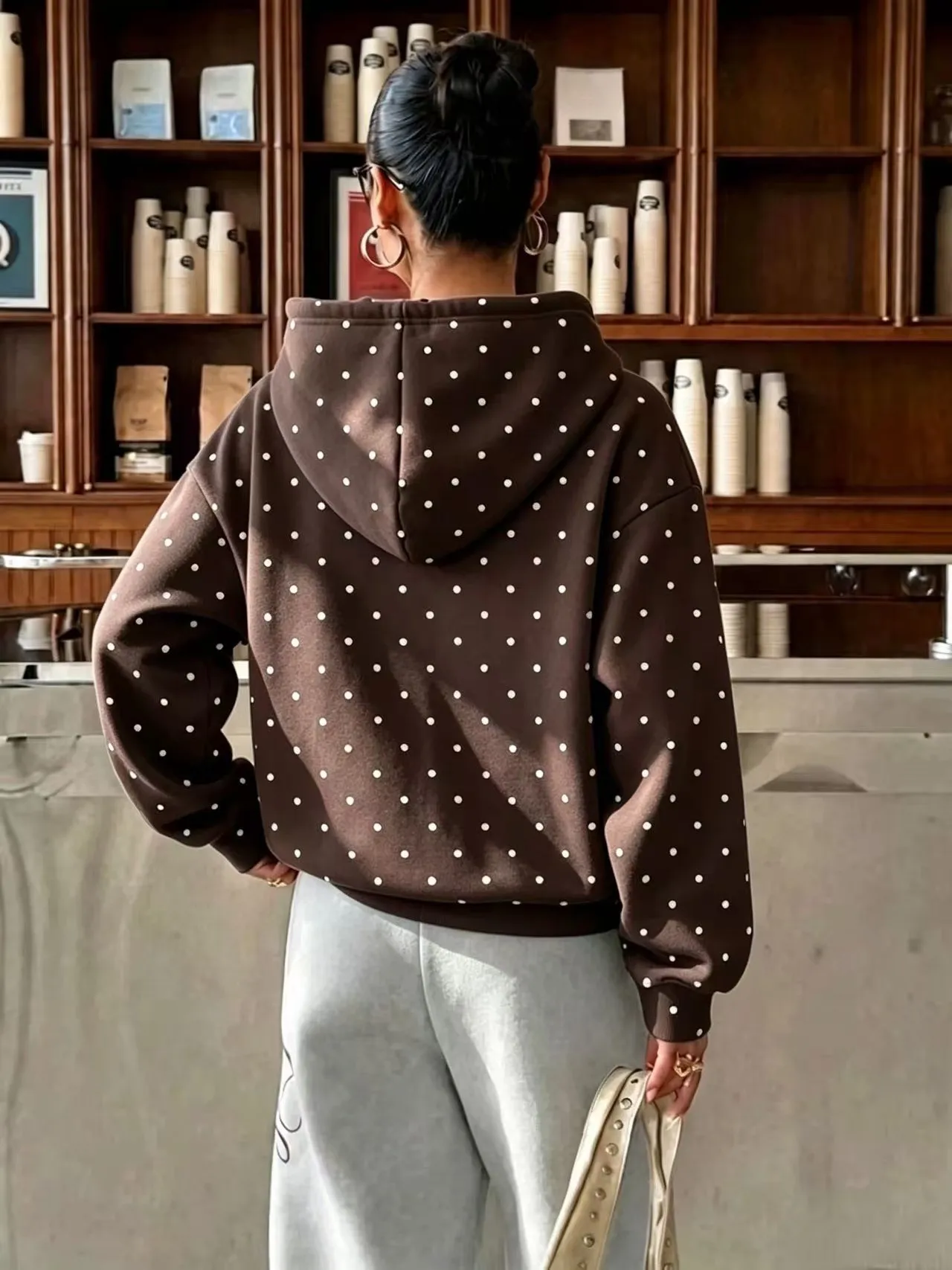 Hooded Loose Fit Hoodie Casual with Polka Dot Regular Sleeve Autumn Women Sweatshirts European and American Style Regular Length