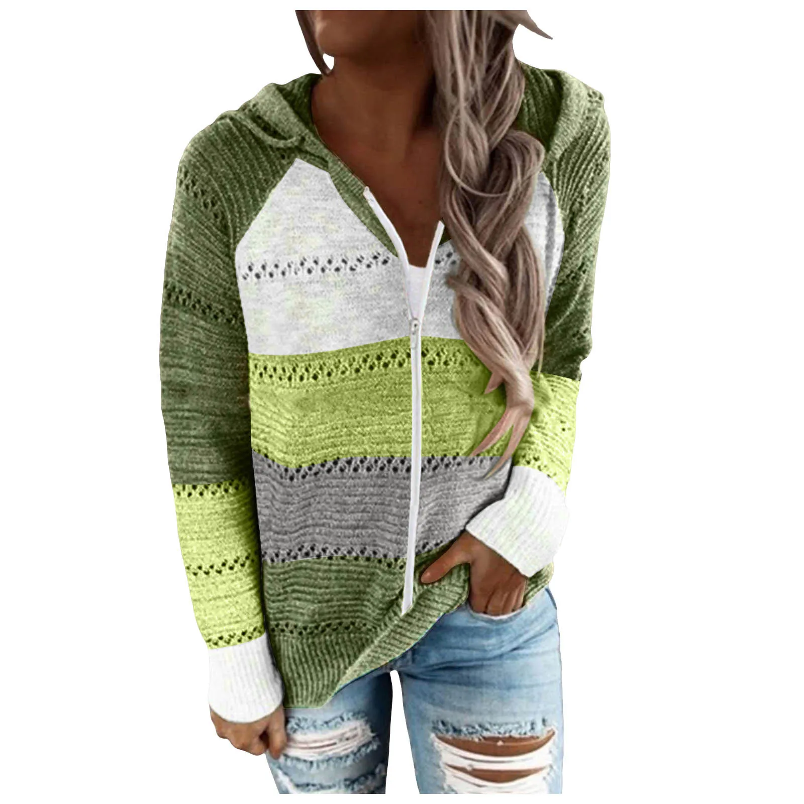 Women Color Block Knitted Jacket Zipper Hooded Coat With Pockets 2024 Autumn And Winter Fashion Sweater Sweatshirts Outerwear