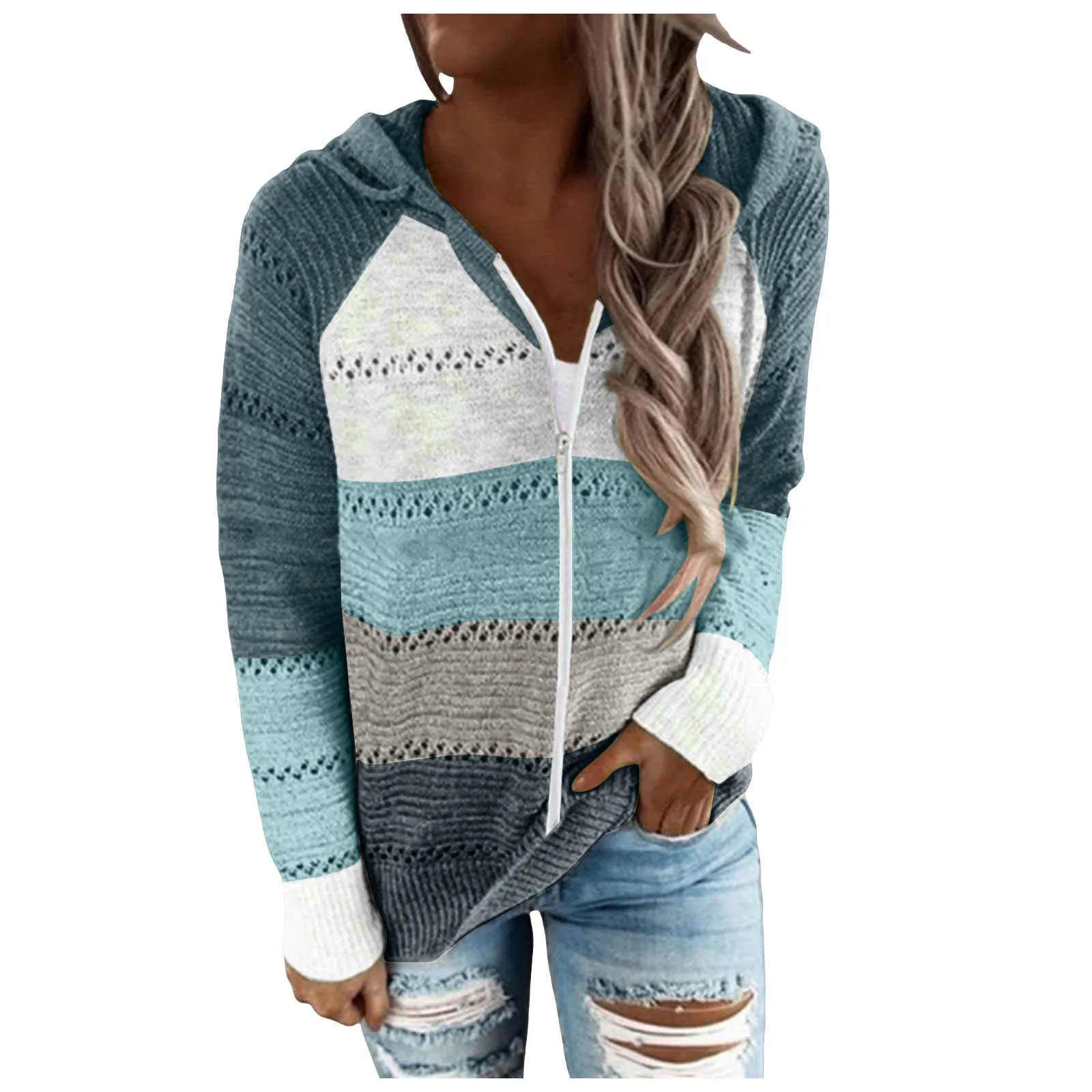 Women Color Block Knitted Jacket Zipper Hooded Coat With Pockets 2024 Autumn And Winter Fashion Sweater Sweatshirts Outerwear