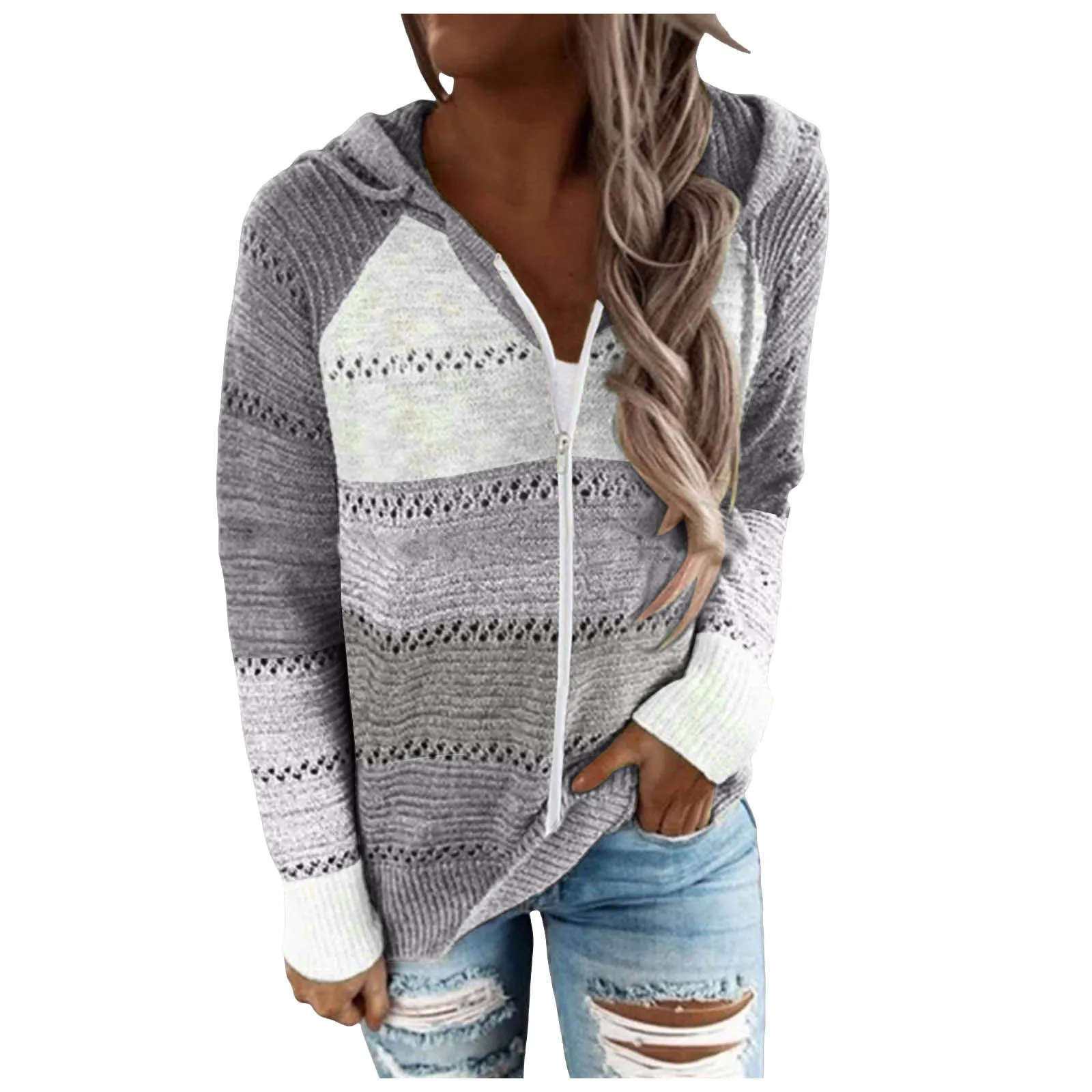 Women Color Block Knitted Jacket Zipper Hooded Coat With Pockets 2024 Autumn And Winter Fashion Sweater Sweatshirts Outerwear