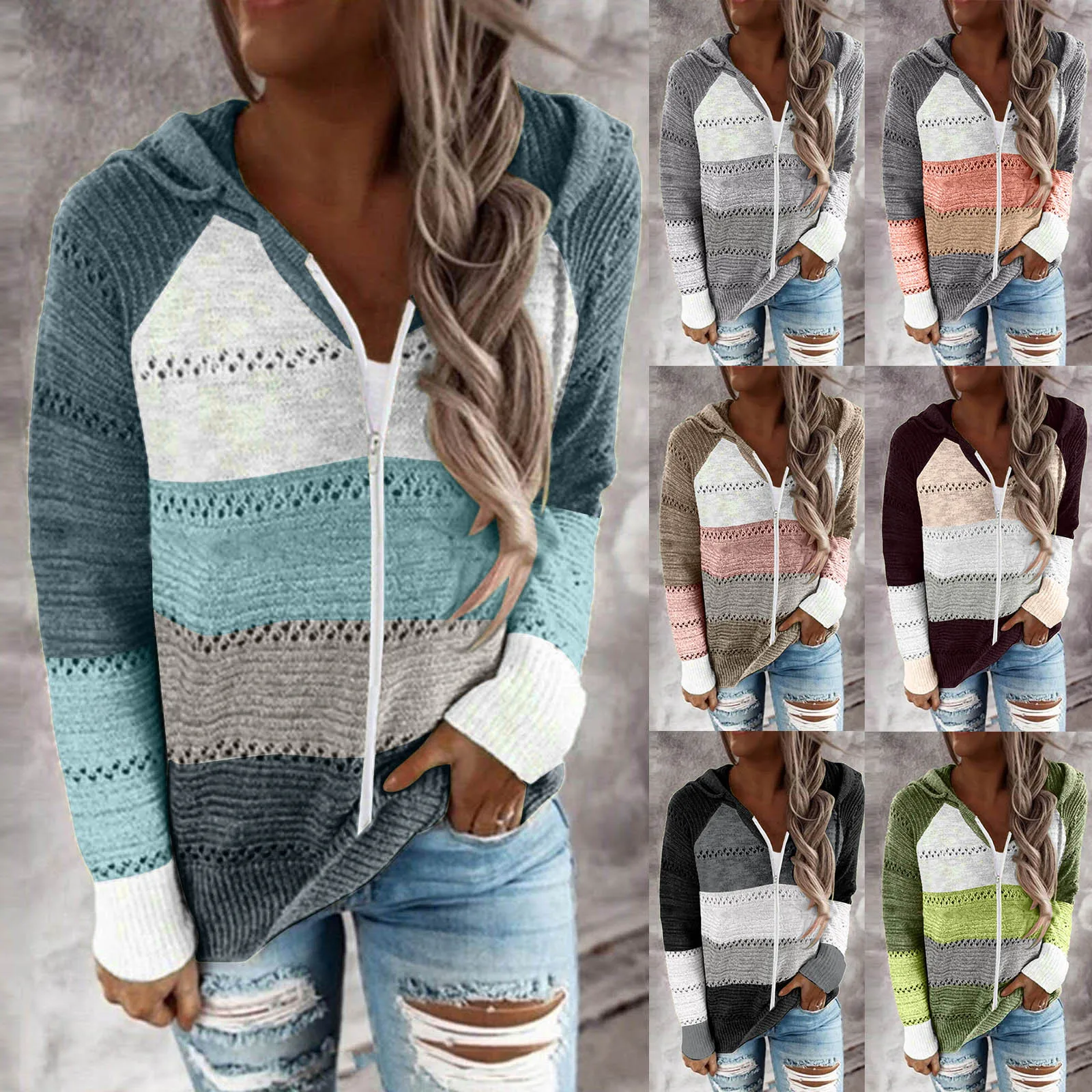 Women Color Block Knitted Jacket Zipper Hooded Coat With Pockets 2024 Autumn And Winter Fashion Sweater Sweatshirts Outerwear