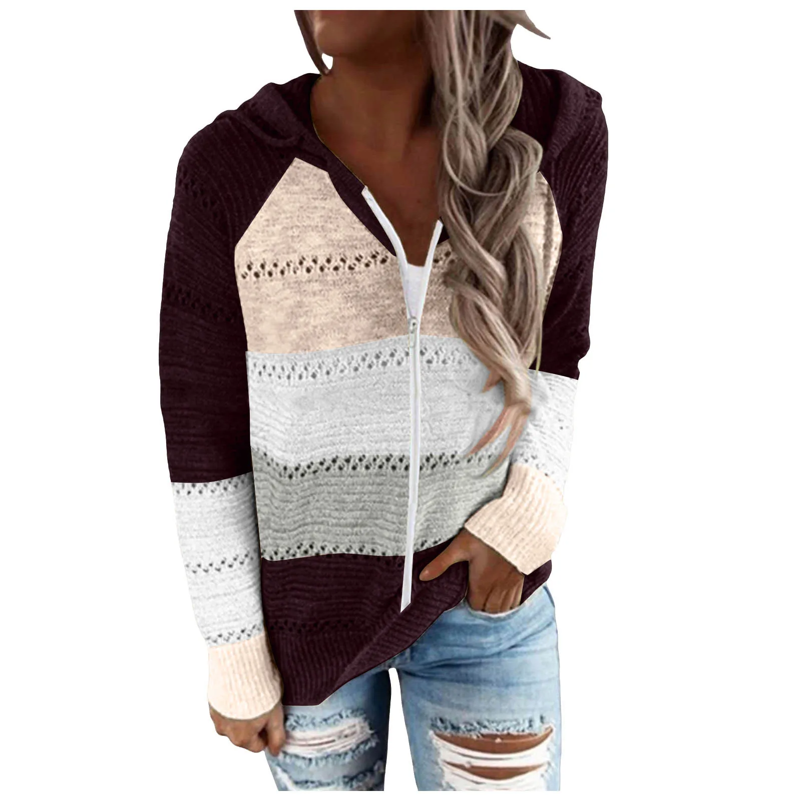 Women Color Block Knitted Jacket Zipper Hooded Coat With Pockets 2024 Autumn And Winter Fashion Sweater Sweatshirts Outerwear