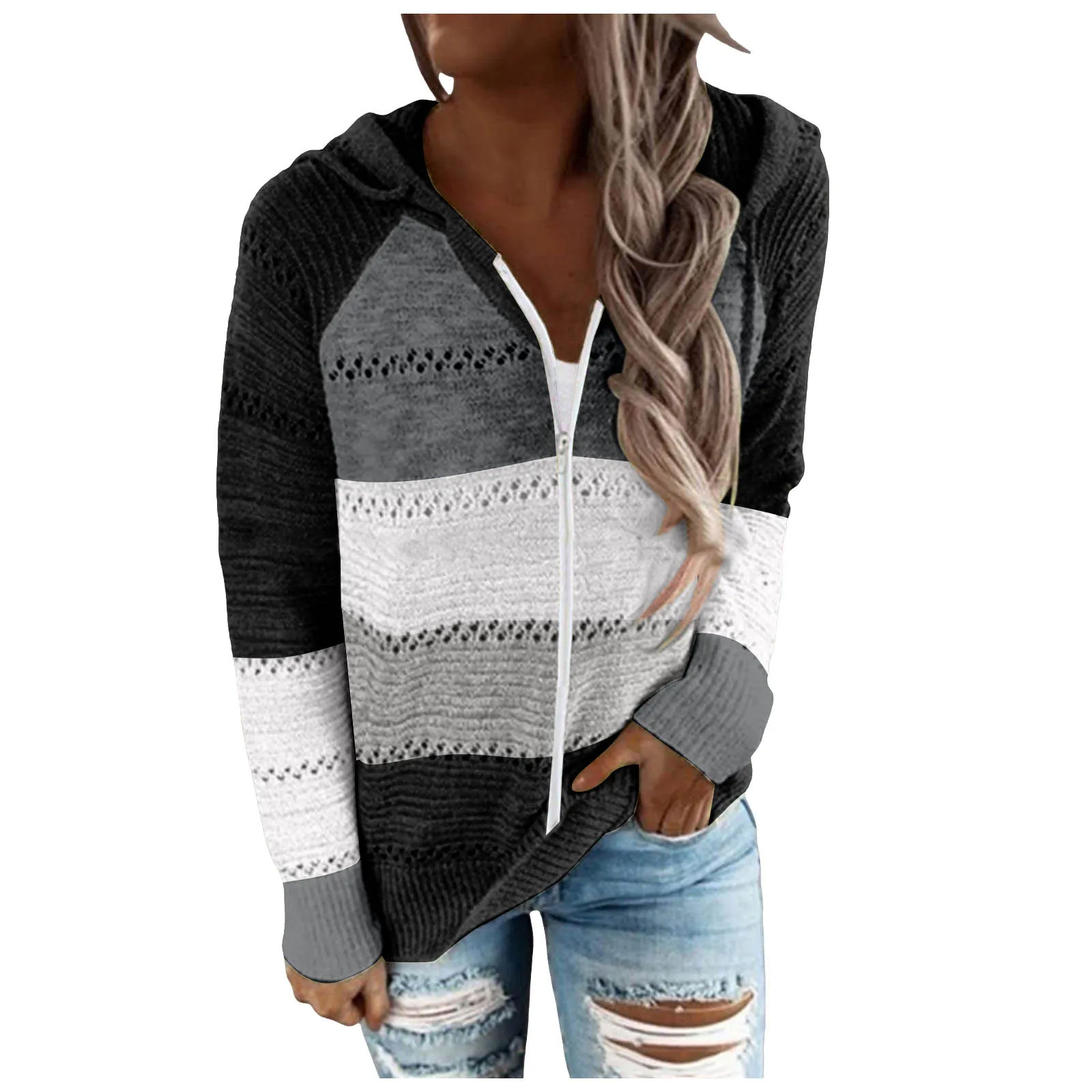 Women Color Block Knitted Jacket Zipper Hooded Coat With Pockets 2024 Autumn And Winter Fashion Sweater Sweatshirts Outerwear