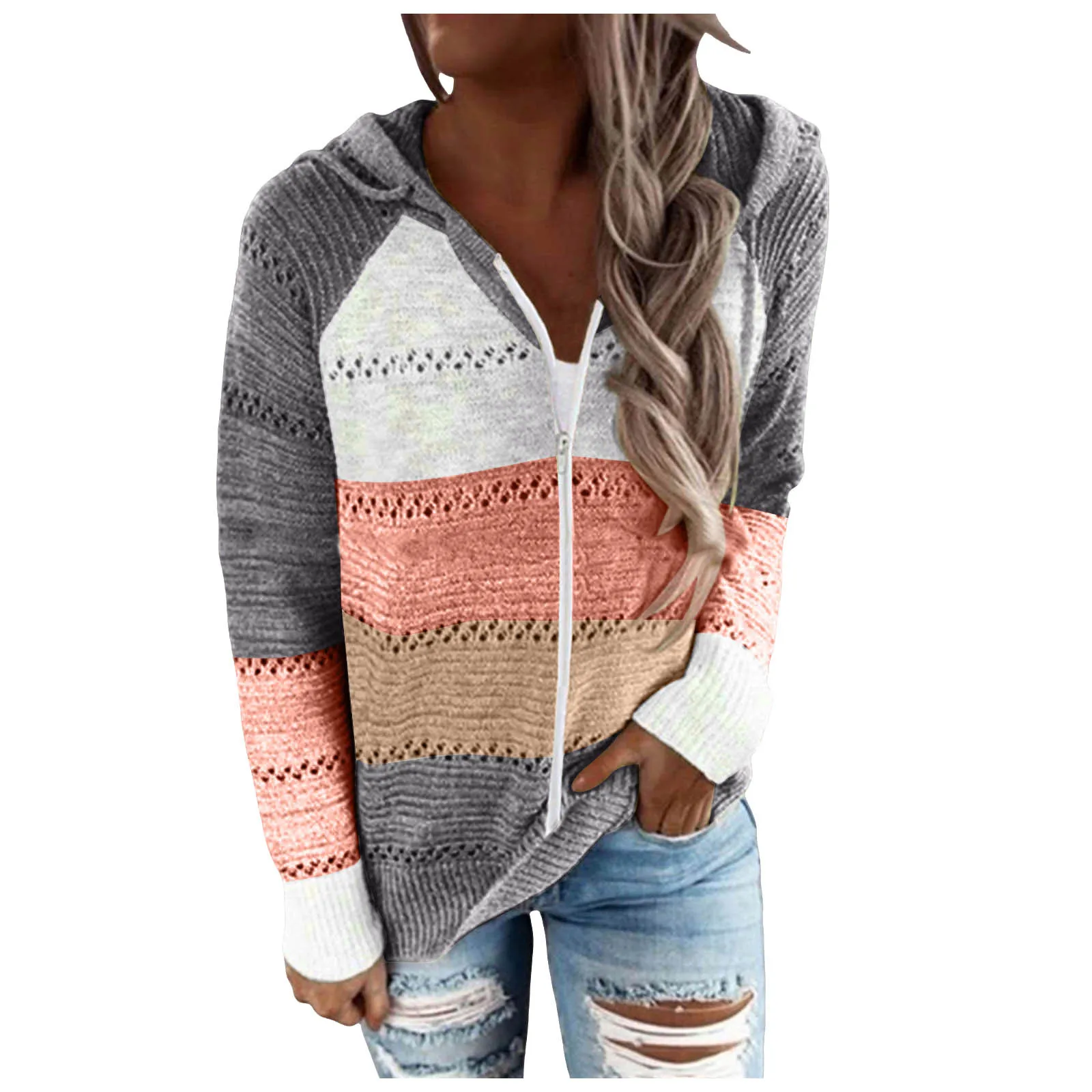 Women Color Block Knitted Jacket Zipper Hooded Coat With Pockets 2024 Autumn And Winter Fashion Sweater Sweatshirts Outerwear