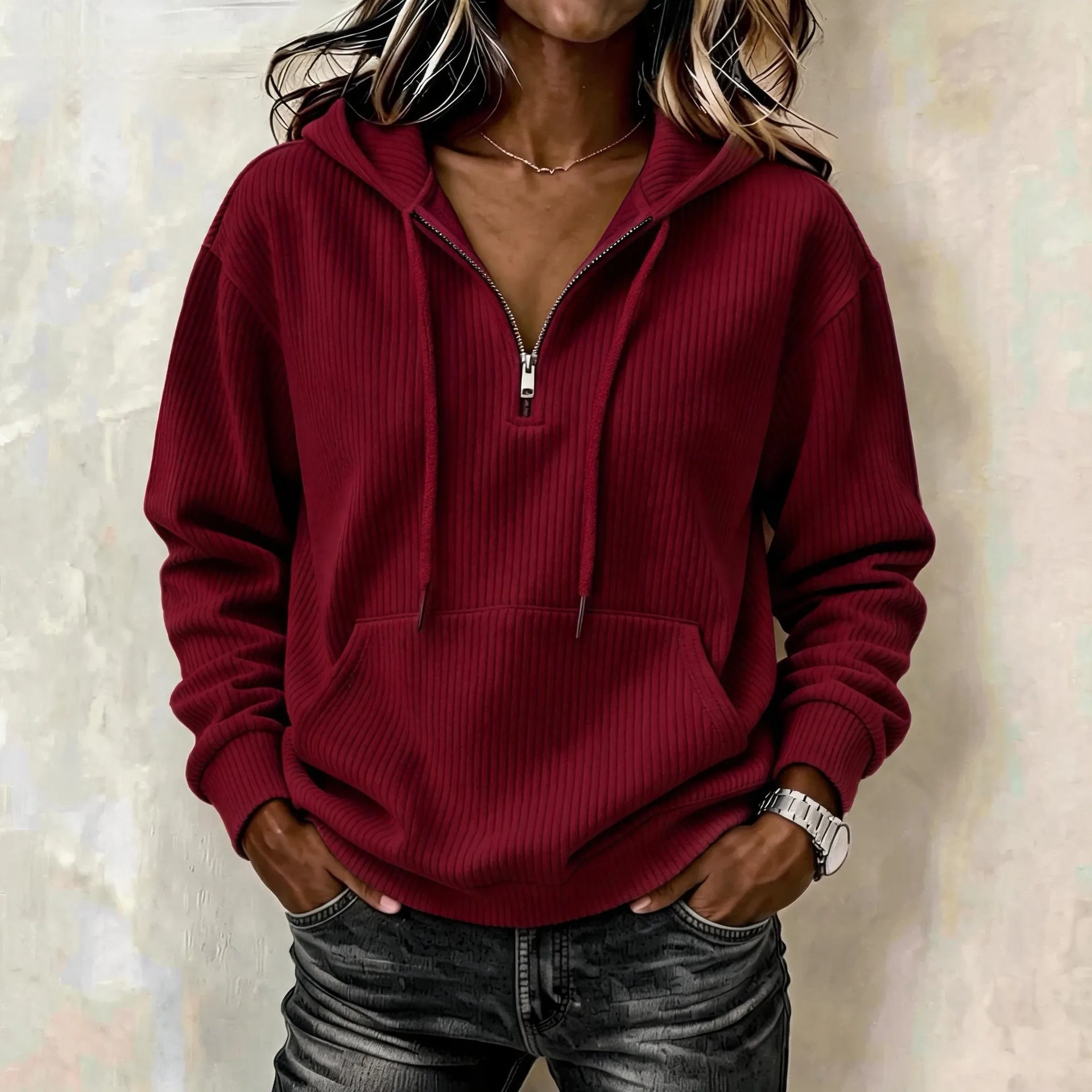 Women's Y2K Corduroy Hoodie Zip Up Retro Striped Loose Fit Long Sleeve Mid-Length Half Zip Winter Sweatshirt for Women's And