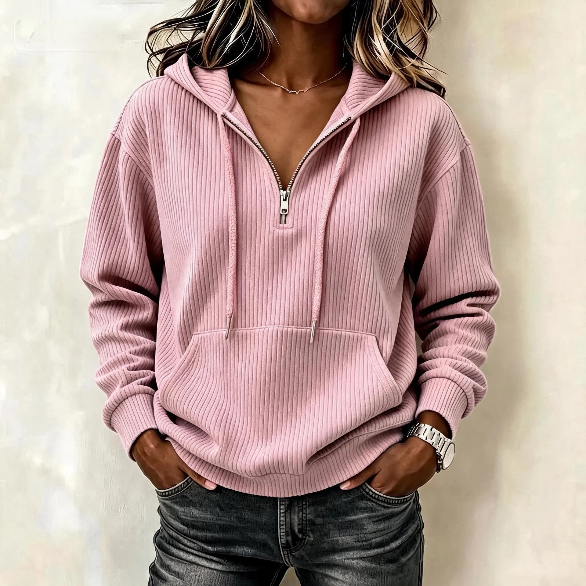 Women's Y2K Corduroy Hoodie Zip Up Retro Striped Loose Fit Long Sleeve Mid-Length Half Zip Winter Sweatshirt for Women's And