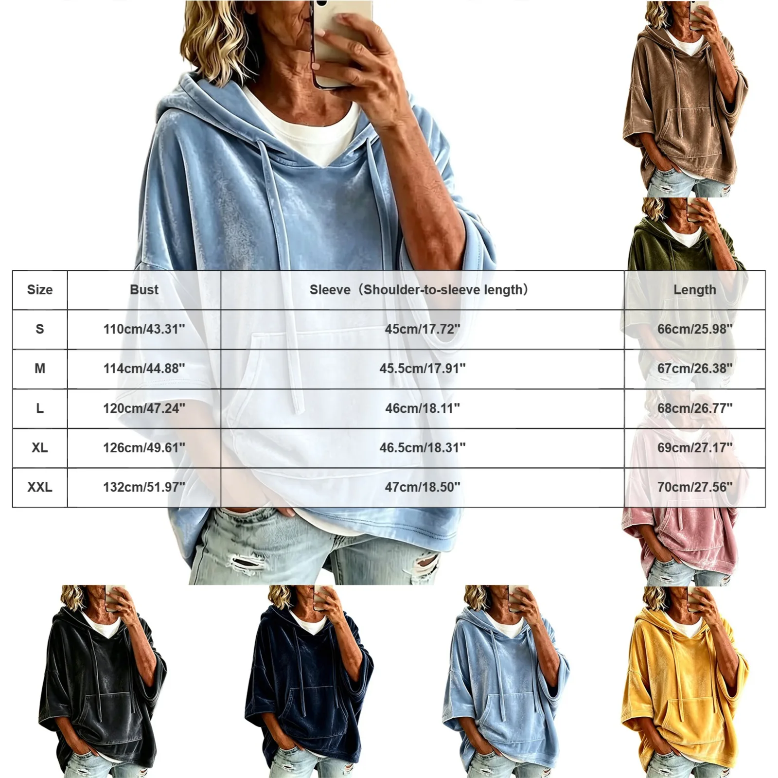 Women Velvet Oversized Hoodie 3/4 Wide Sleeve Drawstring Hooded Sweatshirts With Pocket Loose Casual Autumn Streetwear Tops Y2k