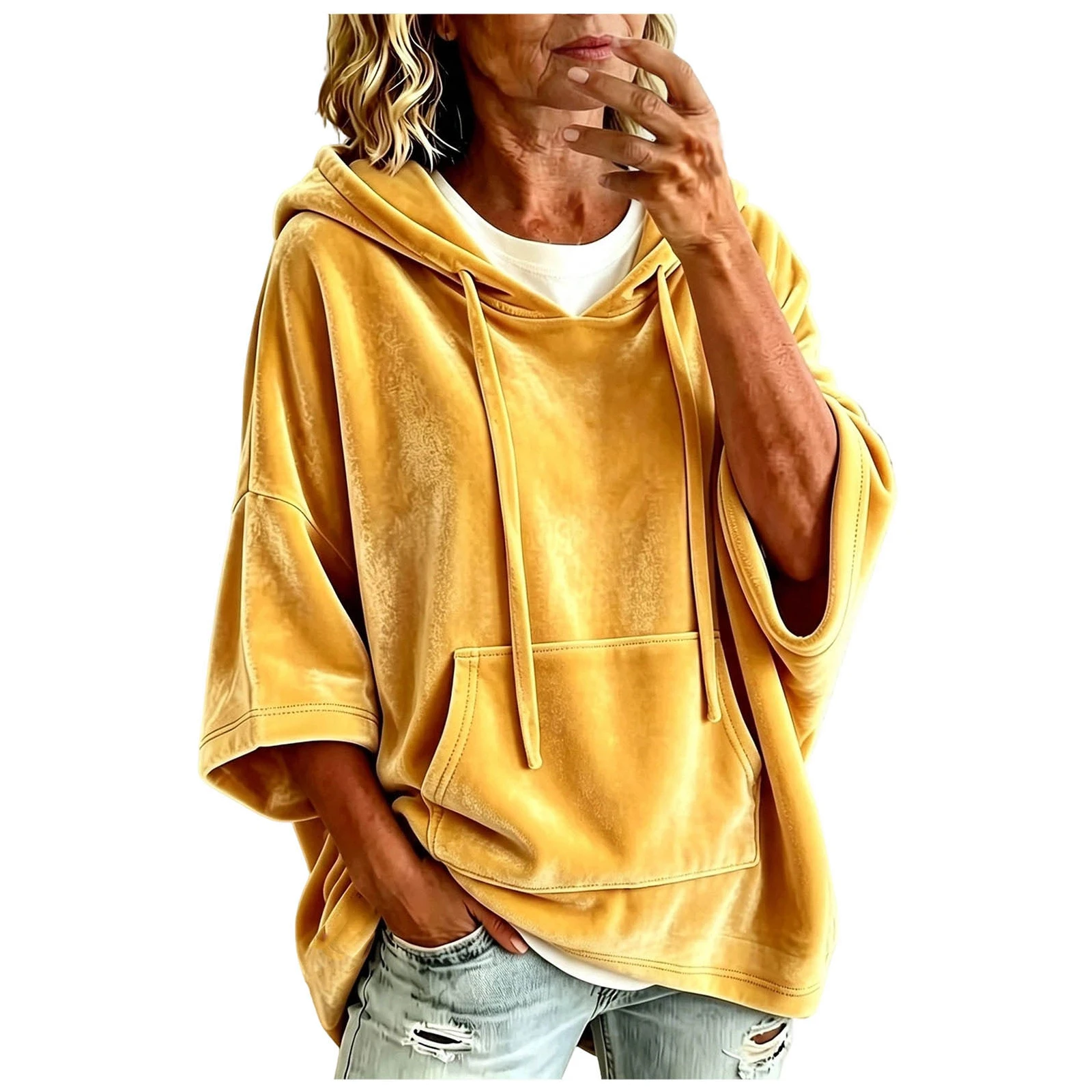 Women Velvet Oversized Hoodie 3/4 Wide Sleeve Drawstring Hooded Sweatshirts With Pocket Loose Casual Autumn Streetwear Tops Y2k