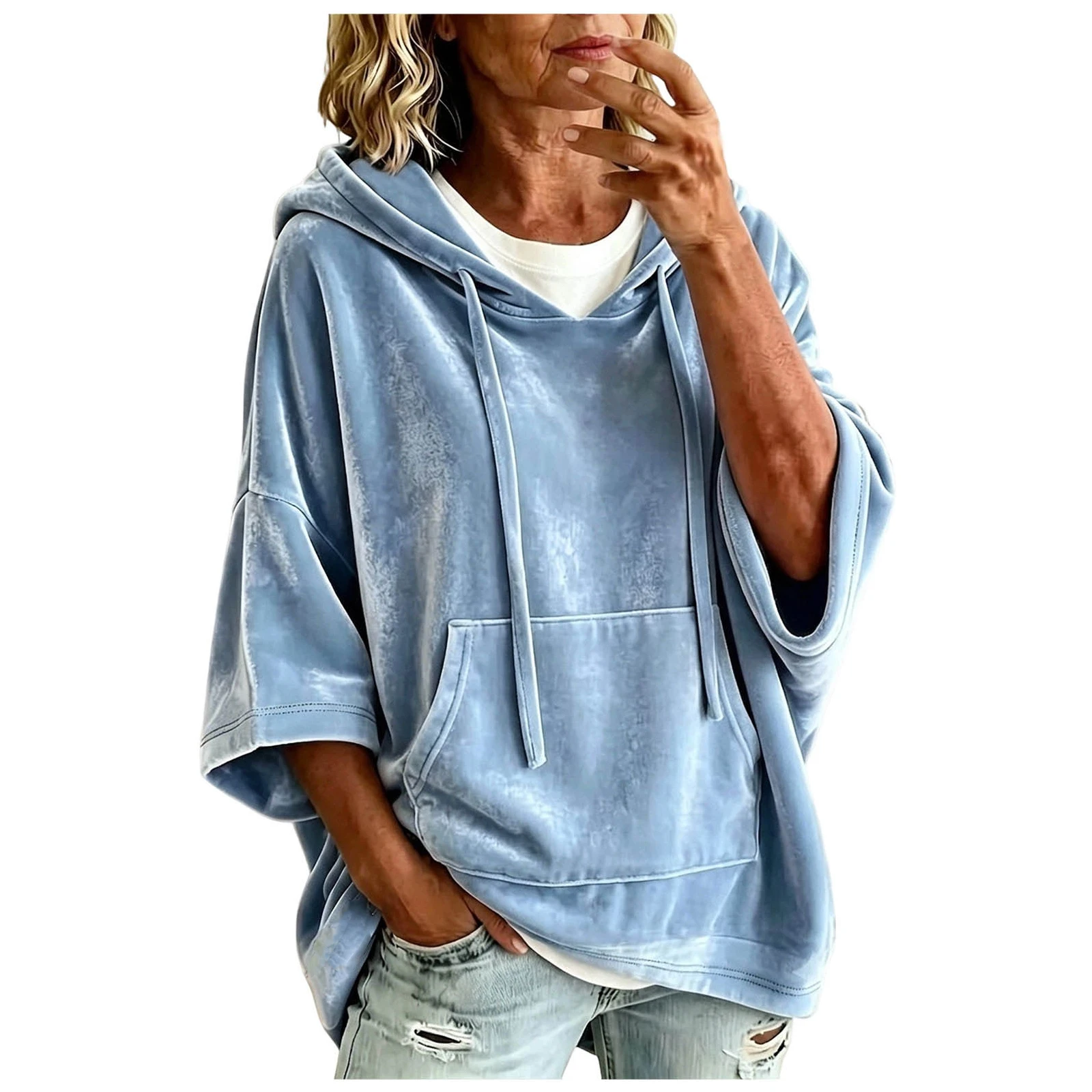 Women Velvet Oversized Hoodie 3/4 Wide Sleeve Drawstring Hooded Sweatshirts With Pocket Loose Casual Autumn Streetwear Tops Y2k