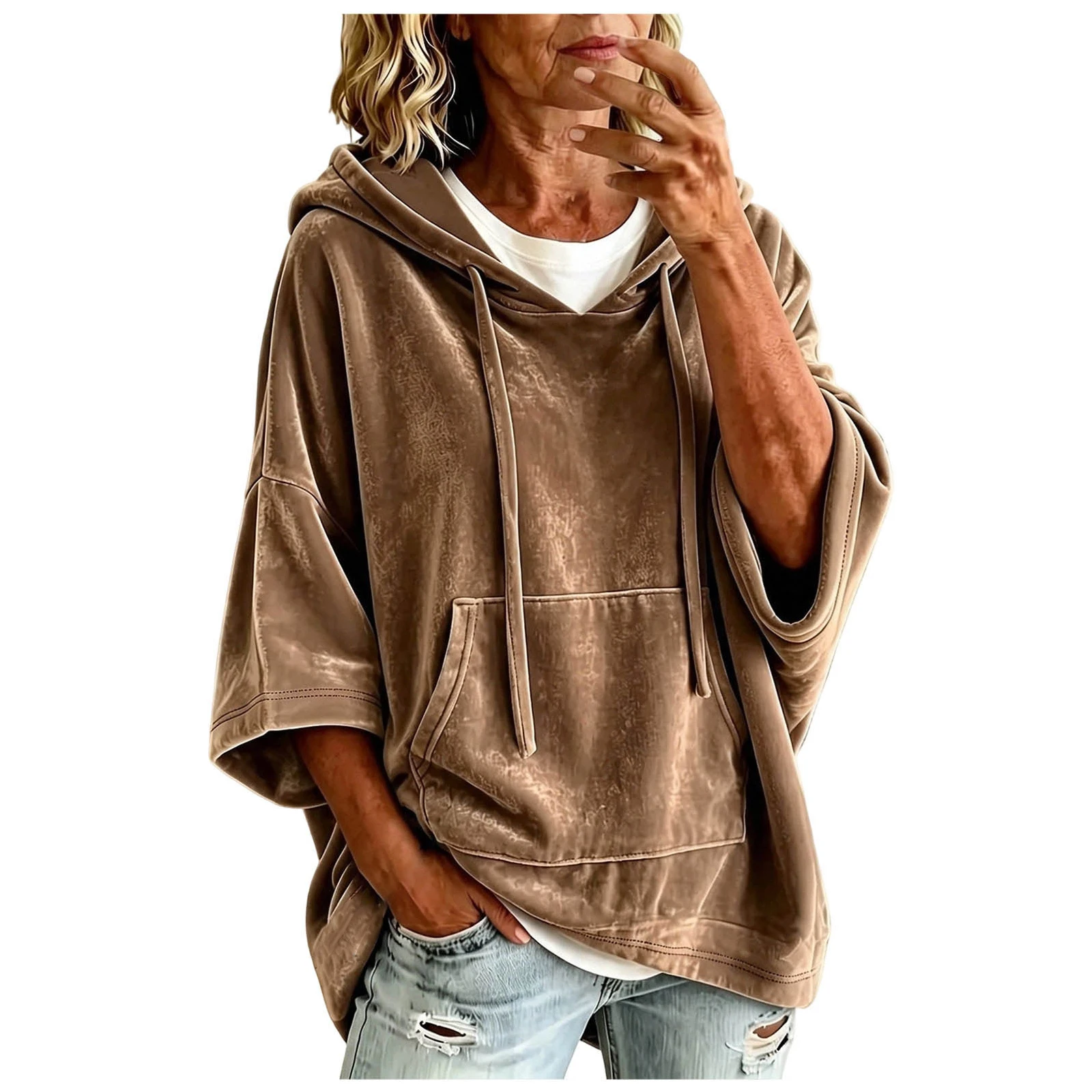 Women Velvet Oversized Hoodie 3/4 Wide Sleeve Drawstring Hooded Sweatshirts With Pocket Loose Casual Autumn Streetwear Tops Y2k
