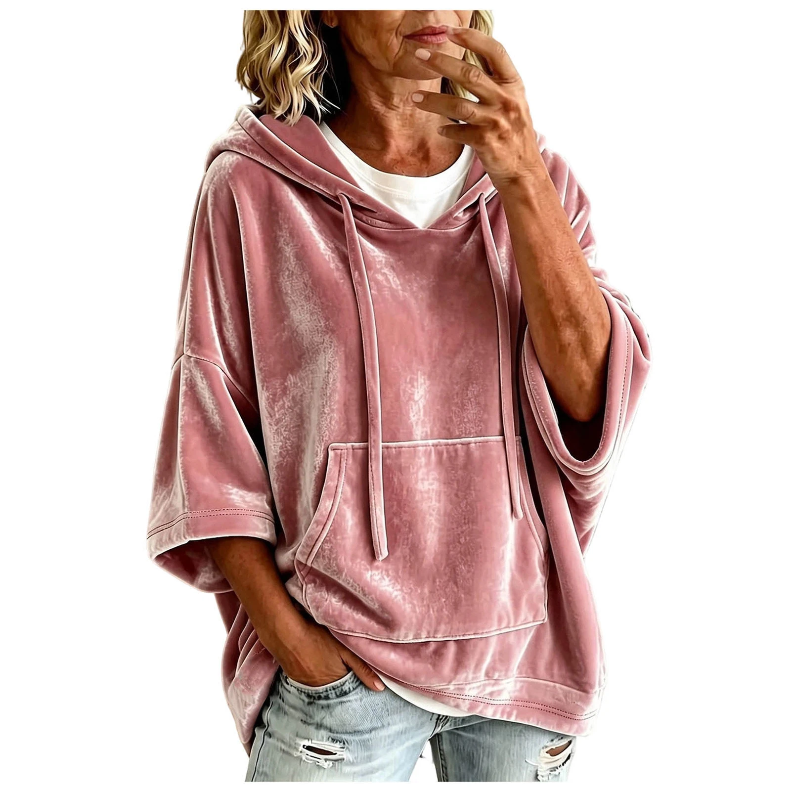 Women Velvet Oversized Hoodie 3/4 Wide Sleeve Drawstring Hooded Sweatshirts With Pocket Loose Casual Autumn Streetwear Tops Y2k