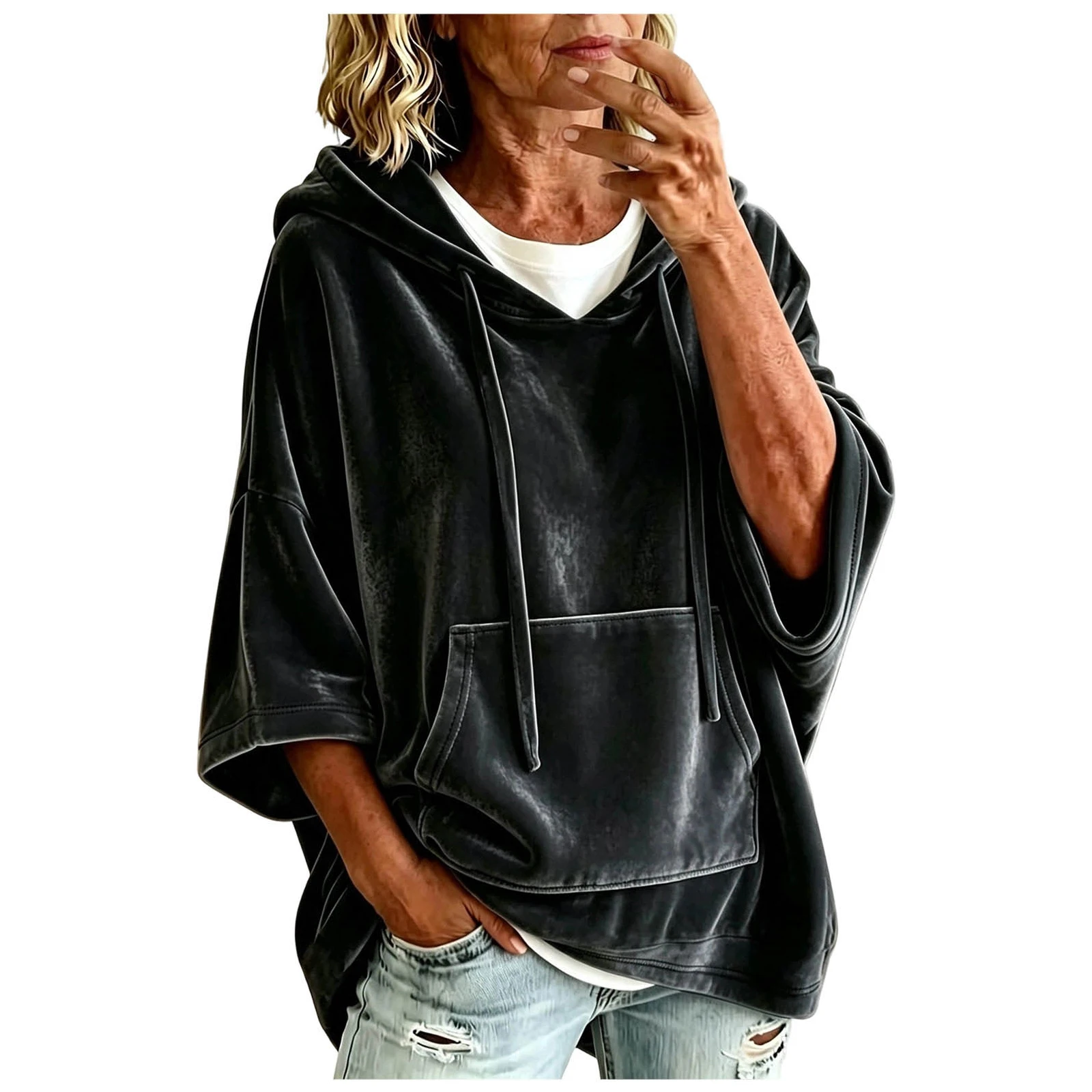 Women Velvet Oversized Hoodie 3/4 Wide Sleeve Drawstring Hooded Sweatshirts With Pocket Loose Casual Autumn Streetwear Tops Y2k
