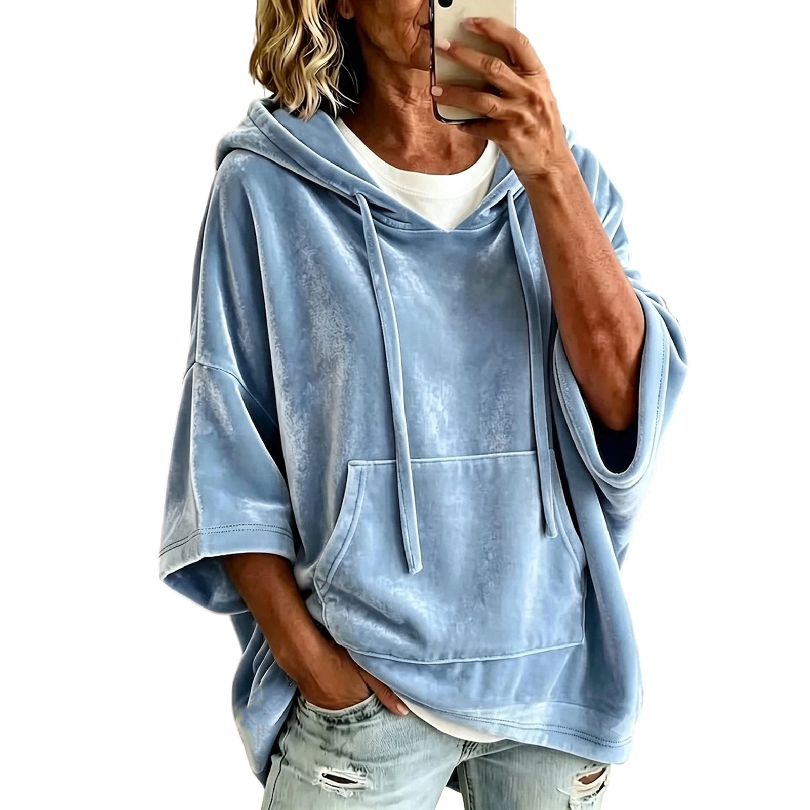 Women Velvet Oversized Hoodie 3/4 Wide Sleeve Drawstring Hooded Sweatshirts With Pocket Loose Casual Autumn Streetwear Tops Y2k
