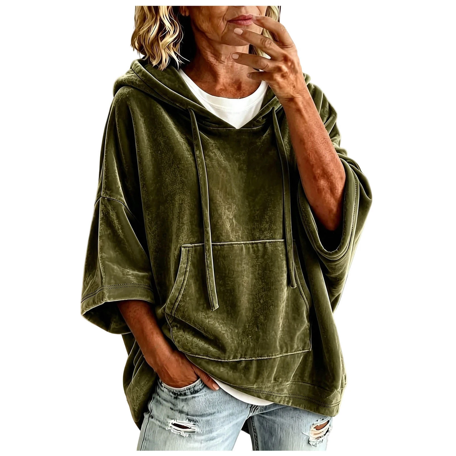 Women Velvet Oversized Hoodie 3/4 Wide Sleeve Drawstring Hooded Sweatshirts With Pocket Loose Casual Autumn Streetwear Tops Y2k