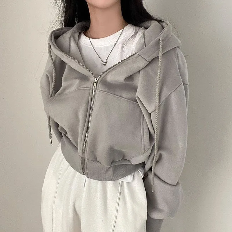 Korean Hoodies Autumn and Winter 2024 New Ins Plus Velvet 100 Fashion Short Slim Zipper Warm Solid Color Hoodie Woman