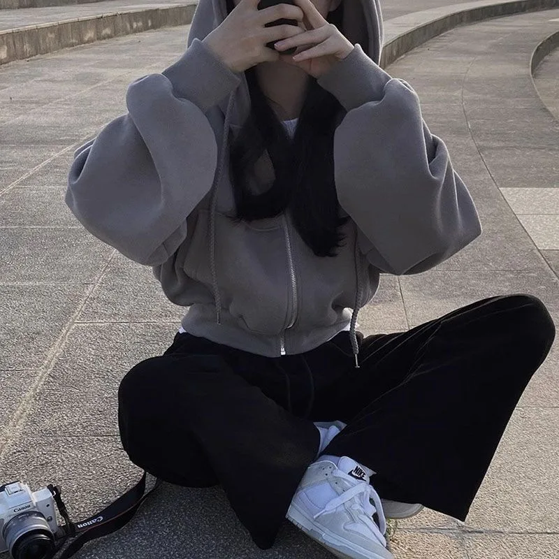 Korean Hoodies Autumn and Winter 2024 New Ins Plus Velvet 100 Fashion Short Slim Zipper Warm Solid Color Hoodie Woman