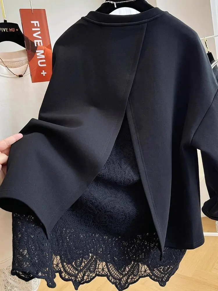 French style fashion lace stitching fake two-piece pullover round neck sweater women's autumn and winter lazy casual loose top