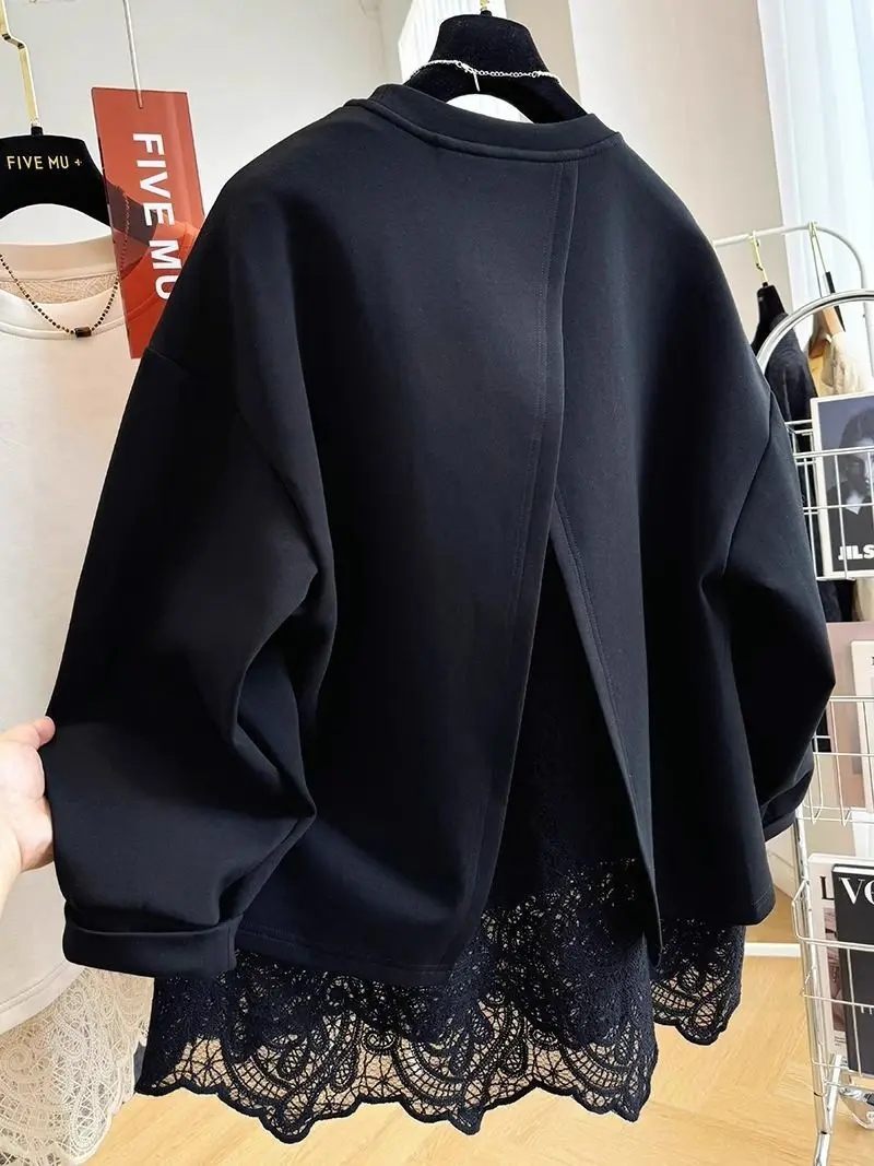French style fashion lace stitching fake two-piece pullover round neck sweater women's autumn and winter lazy casual loose top