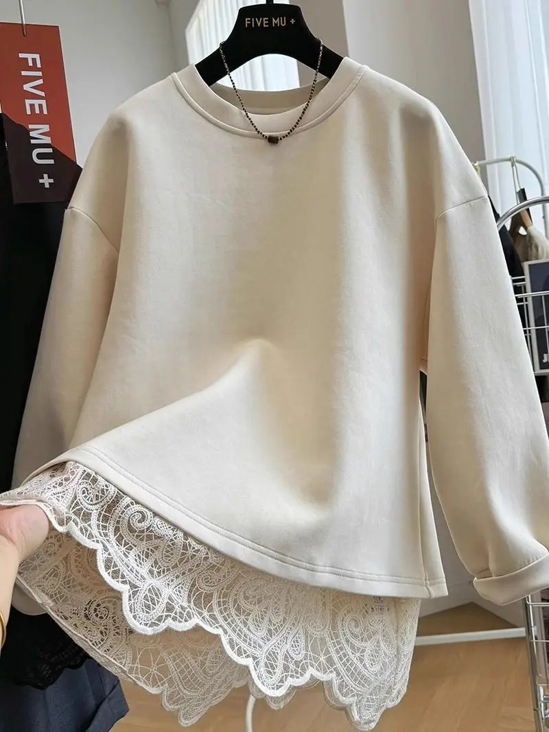 French style fashion lace stitching fake two-piece pullover round neck sweater women's autumn and winter lazy casual loose top