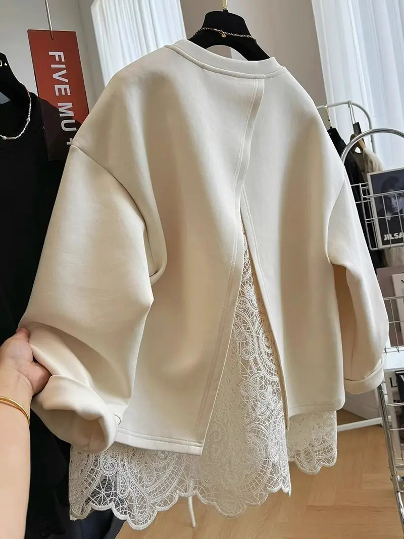 French style fashion lace stitching fake two-piece pullover round neck sweater women's autumn and winter lazy casual loose top