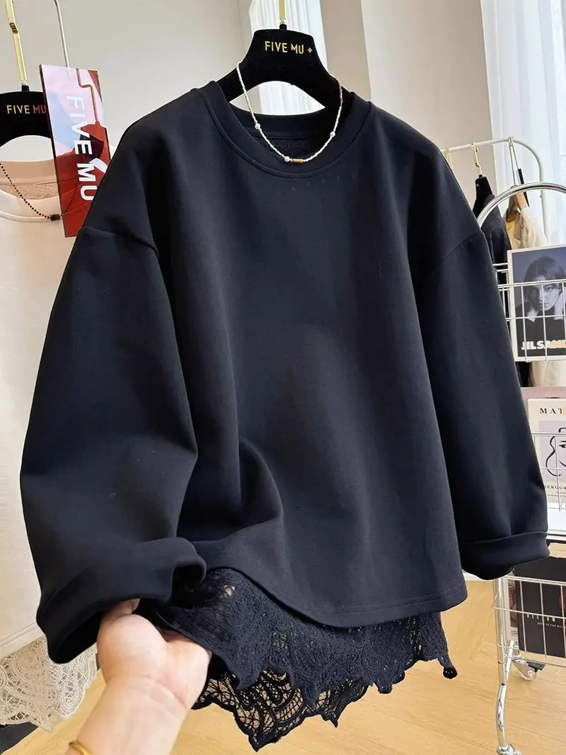 French style fashion lace stitching fake two-piece pullover round neck sweater women's autumn and winter lazy casual loose top