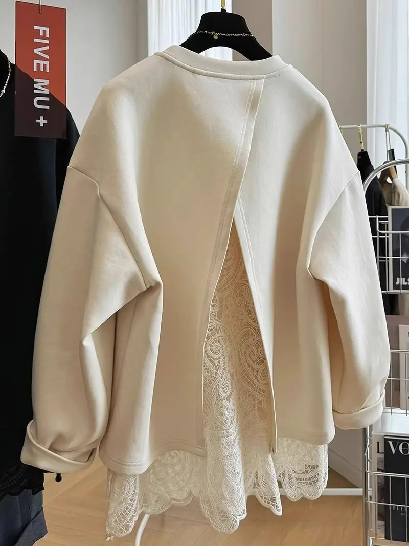 French style fashion lace stitching fake two-piece pullover round neck sweater women's autumn and winter lazy casual loose top