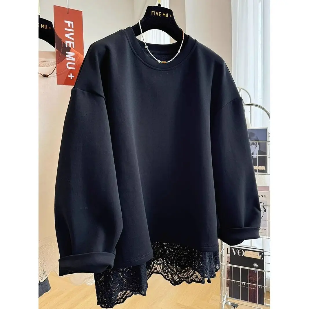 French style fashion lace stitching fake two-piece pullover round neck sweater women's autumn and winter lazy casual loose top