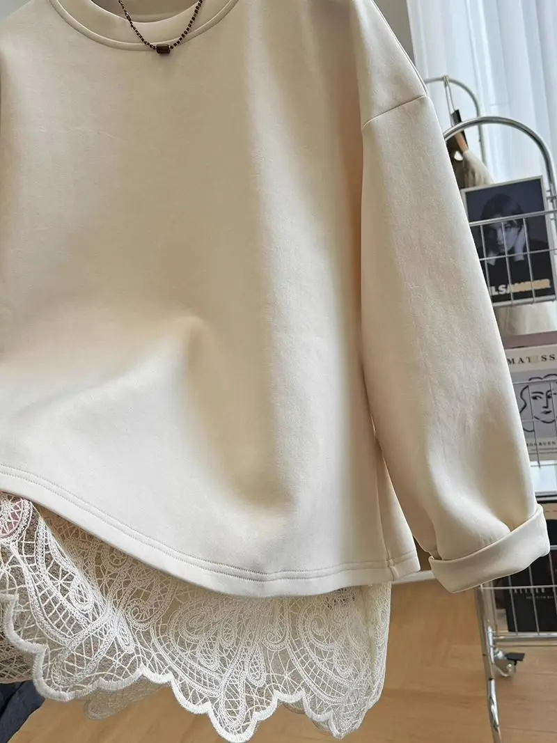 French style fashion lace stitching fake two-piece pullover round neck sweater women's autumn and winter lazy casual loose top