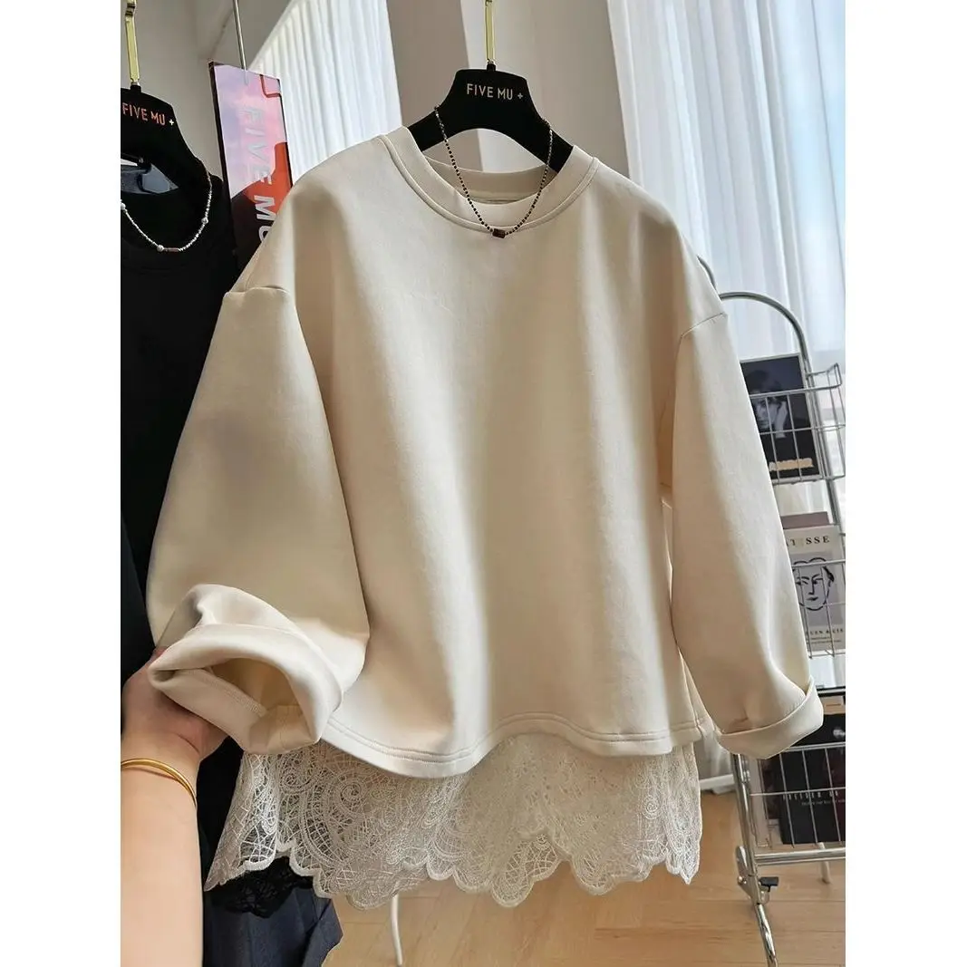 French style fashion lace stitching fake two-piece pullover round neck sweater women's autumn and winter lazy casual loose top