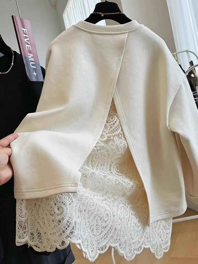 French style fashion lace stitching fake two-piece pullover round neck sweater women's autumn and winter lazy casual loose top