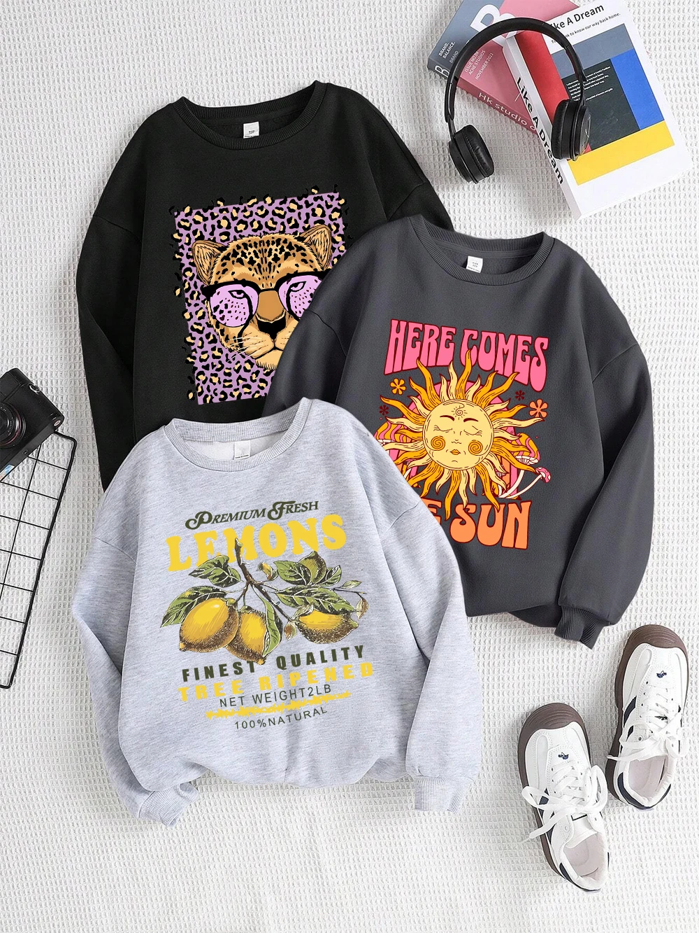 Lemons Leopard And Sun Prints Sweatshirts Winter Women Casual Loose Hoodies Fleece Warm Crewneck Pullover Comfortable Clothes