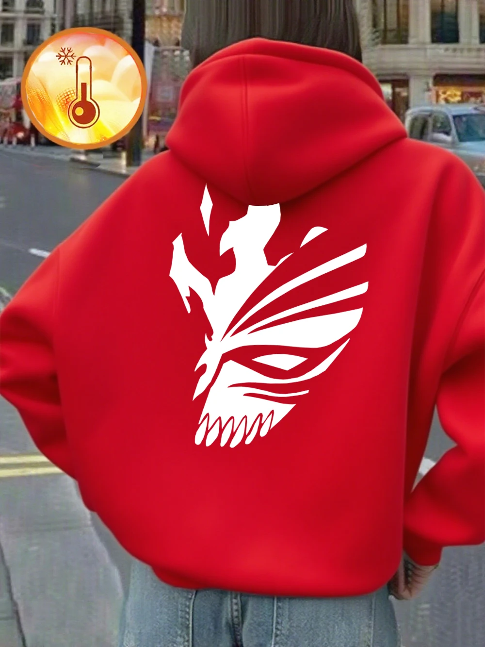 Bleach Ichigo Red Mask Printing Hoodies Womens Winter Fleece Warm Sweatshirt Casual Pocket Pullover Basics Loose Woman Clothes