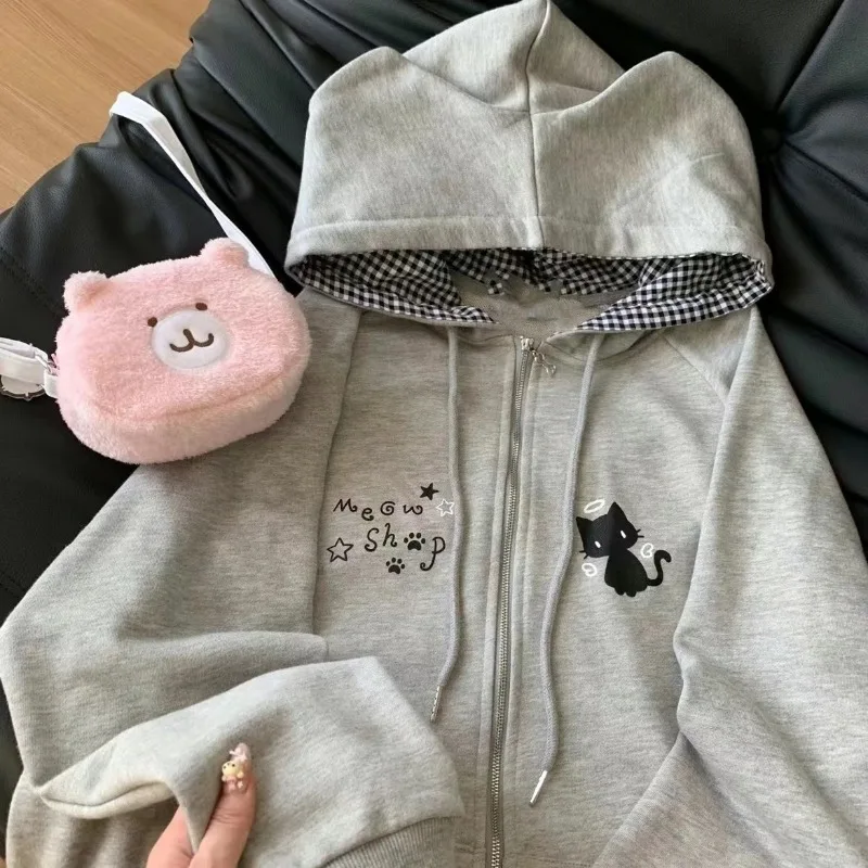 Kawaii Girls Black Cat's Ears Hooded Jackets Street Girl Japanese Subculture Streetwear Korean Cute Zip Up Hoodie Sweatshirts