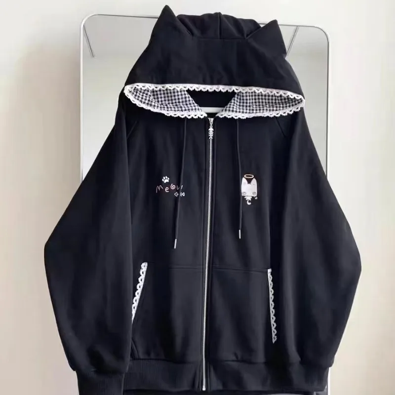 Kawaii Girls Black Cat's Ears Hooded Jackets Street Girl Japanese Subculture Streetwear Korean Cute Zip Up Hoodie Sweatshirts