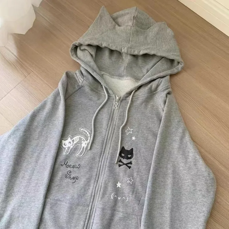 Kawaii Girls Black Cat's Ears Hooded Jackets Street Girl Japanese Subculture Streetwear Korean Cute Zip Up Hoodie Sweatshirts