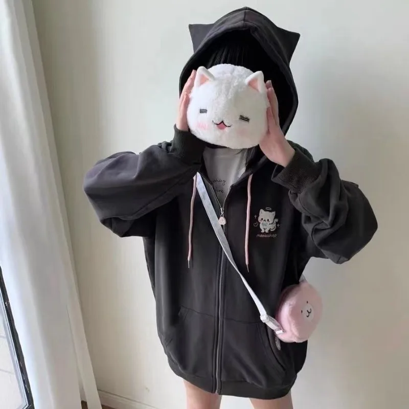 Kawaii Girls Black Cat's Ears Hooded Jackets Street Girl Japanese Subculture Streetwear Korean Cute Zip Up Hoodie Sweatshirts