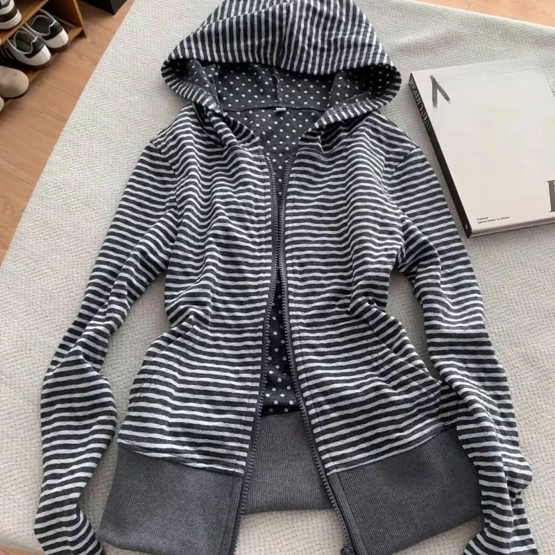 Korean Lazy Style Hooded Cardigan Fashion Vintage Gray White Striped Sweatshirts Spring Autumn Slim Fit Coat Women