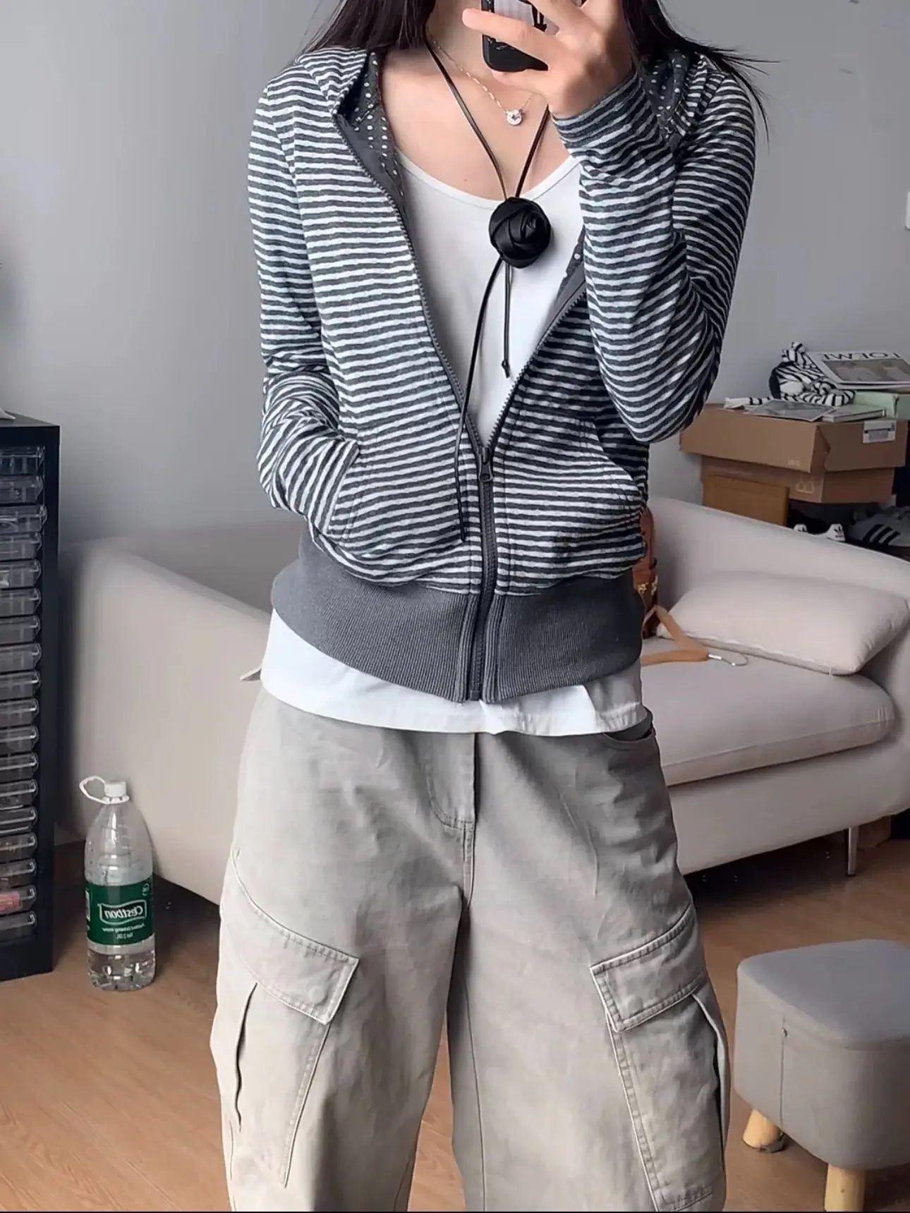 Korean Lazy Style Hooded Cardigan Fashion Vintage Gray White Striped Sweatshirts Spring Autumn Slim Fit Coat Women
