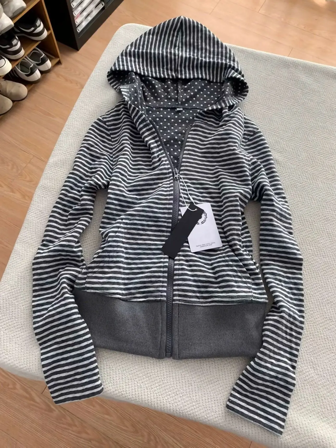 Korean Lazy Style Hooded Cardigan Fashion Vintage Gray White Striped Sweatshirts Spring Autumn Slim Fit Coat Women
