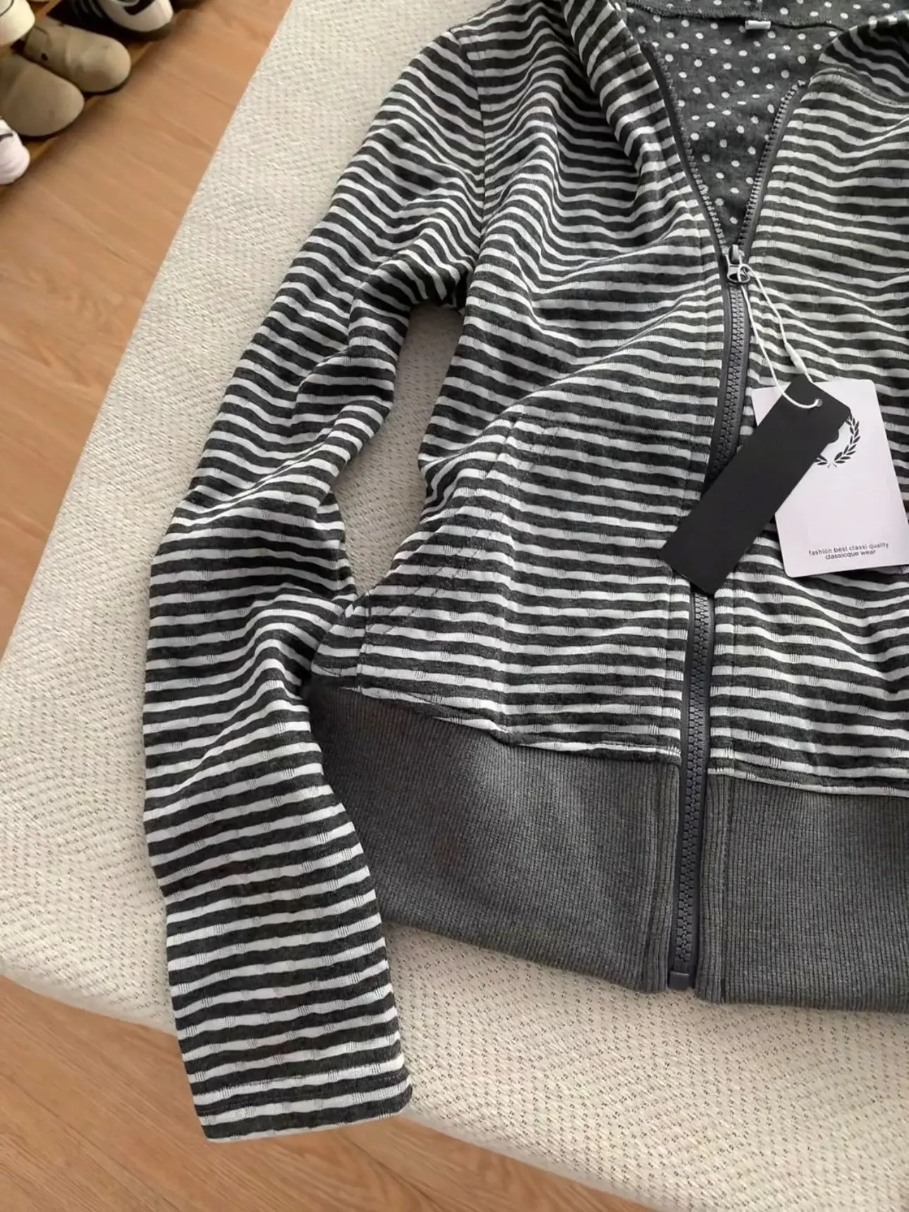 Korean Lazy Style Hooded Cardigan Fashion Vintage Gray White Striped Sweatshirts Spring Autumn Slim Fit Coat Women