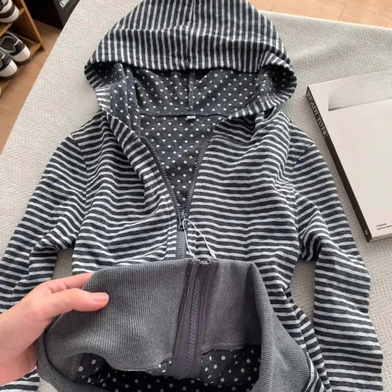 Korean Lazy Style Hooded Cardigan Fashion Vintage Gray White Striped Sweatshirts Spring Autumn Slim Fit Coat Women