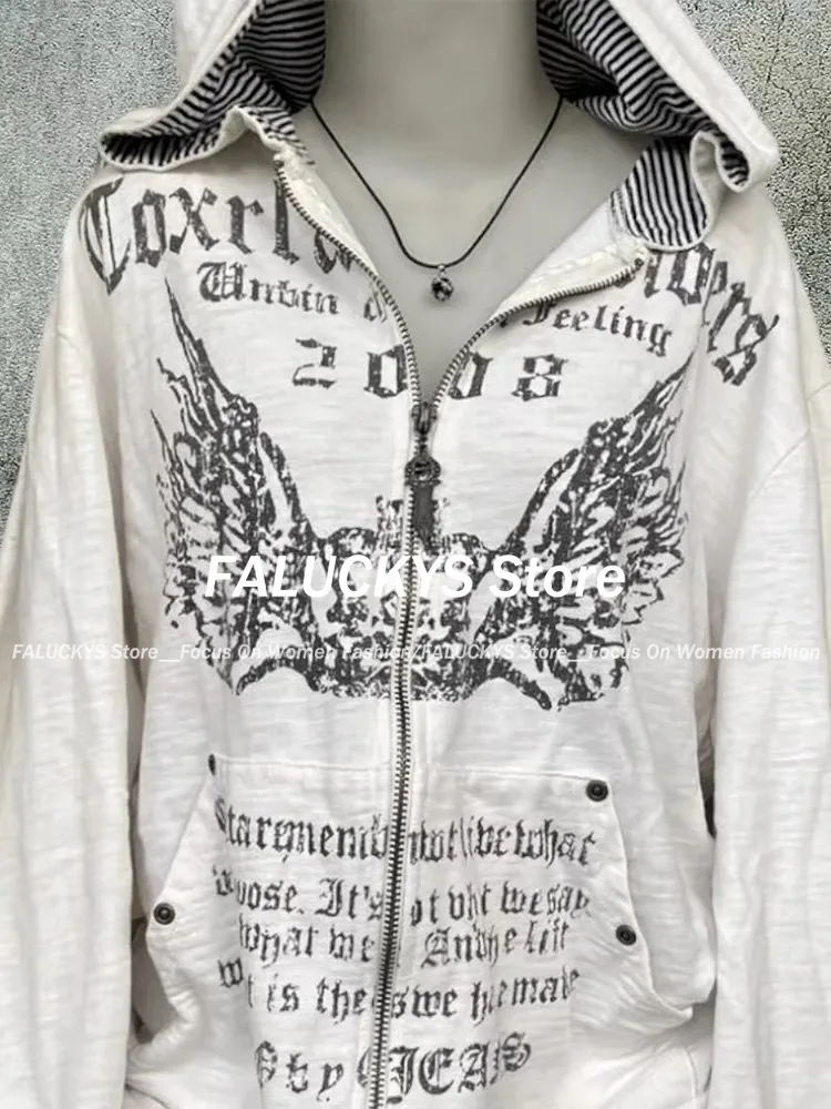 2024 Grunge Print Slim Waist Y2k Hoodies Hooded Autumn Zip Up Sweatshirts Vintage Women Clothing Casual Fashion Long Sleeve Tops