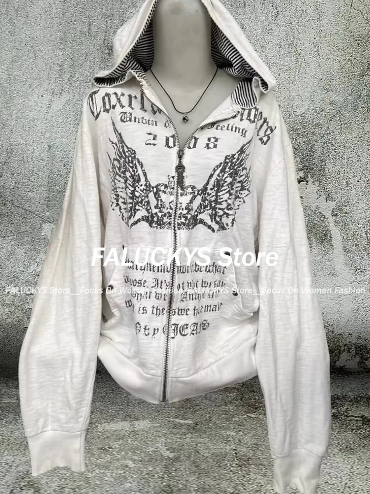 2024 Grunge Print Slim Waist Y2k Hoodies Hooded Autumn Zip Up Sweatshirts Vintage Women Clothing Casual Fashion Long Sleeve Tops