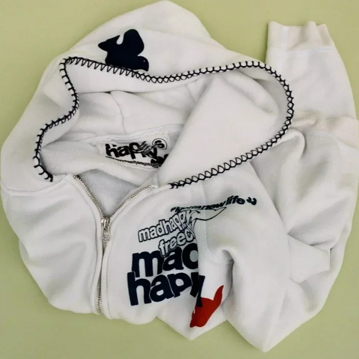 Hot Sell Y2K Letter Printed Hoodies American Zipper Hoodie Sweatshirt Women Casual Loose Harajuku Street Color Retro Simple Coat