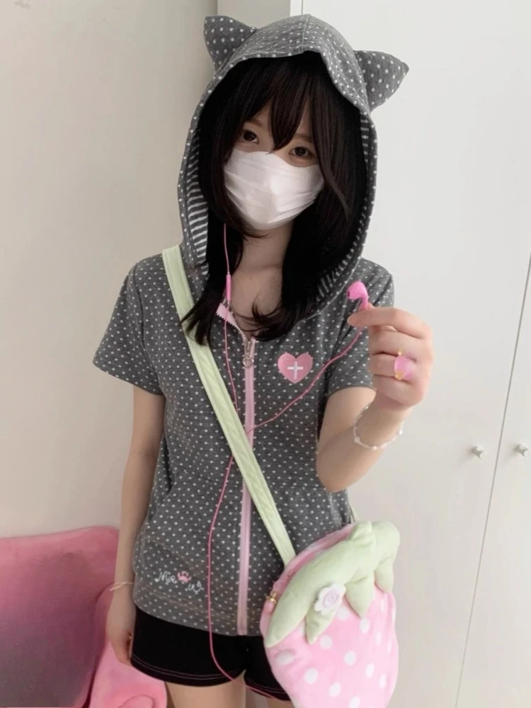 Japanese Polka Dot Embroidery Hoodies Summer Women Casual Slim Fit Zipper Sweatshirt Y2k Aesthetic Vintage Grunge Pocket Hoody
