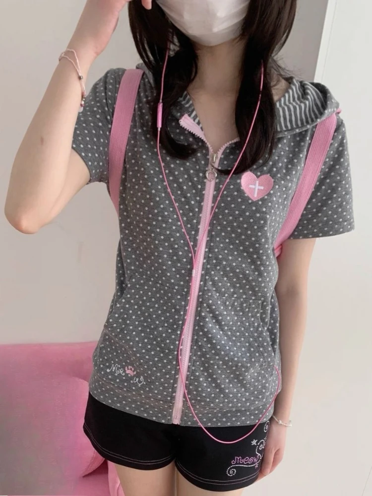 Japanese Polka Dot Embroidery Hoodies Summer Women Casual Slim Fit Zipper Sweatshirt Y2k Aesthetic Vintage Grunge Pocket Hoody